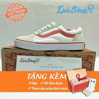 Giày Old skool da lộn trắng kẻ đỏ