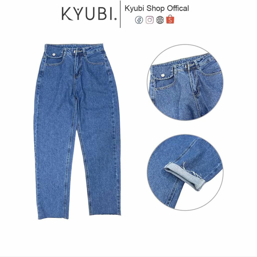 Quần jean baggy nữ ulzzang Kyubi lưng cao chi tiết nắp đai và cắt lai tua cá tính [Đậm Nhạt]- Baggy jean Kyubi BJR16