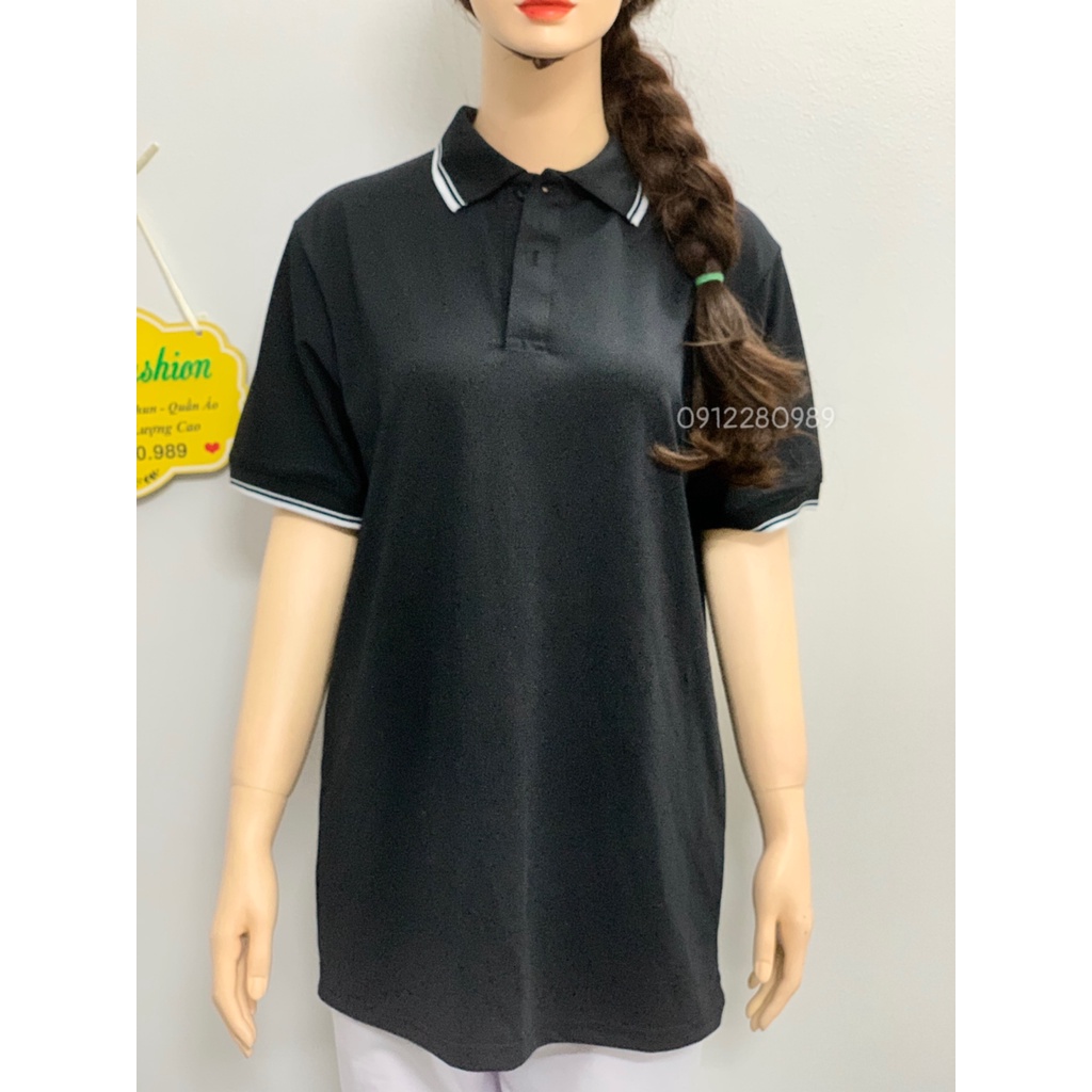 Áo thun có cổ màu đen viền trắng vải poly Thái cao cấp cho nam nữ _ Hình chụp thật