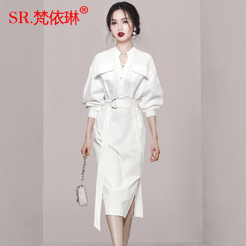 Đầm Sơ Mi Cotton Trắng Cổ Chữ V Dáng Rộng Phong Cách Hàn Quốc Thời Trang Thu Đông 2022