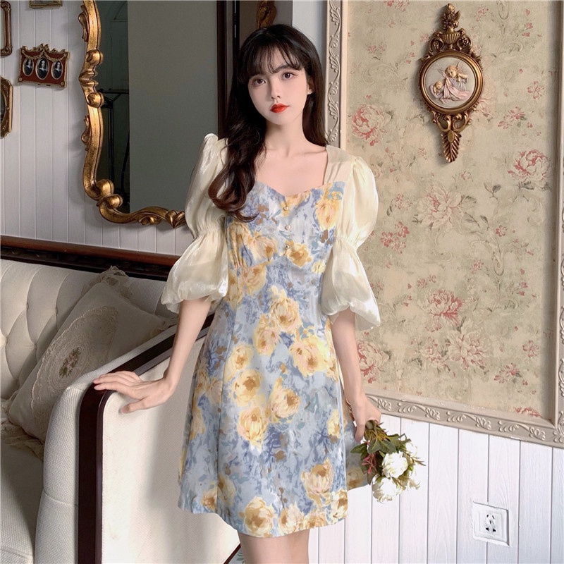 Đầm Tay Phồng In Họa Tiết Ngọt Ngào Thời Trang Cho Nữ