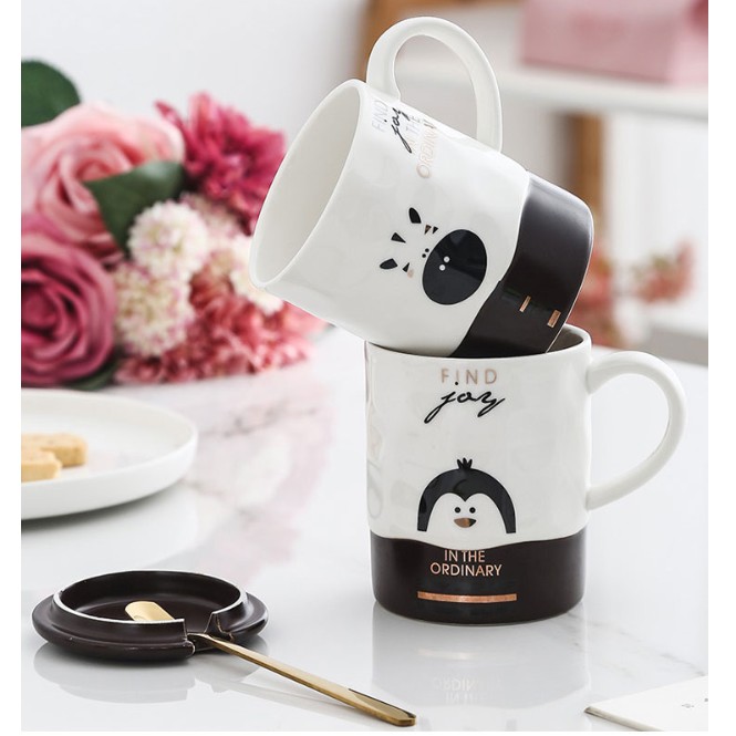 Cốc Sứ Trắng Đen Hình Động Vật Có Nắp Đậy Pha Cà Phê 400ml | BigBuy360 - bigbuy360.vn