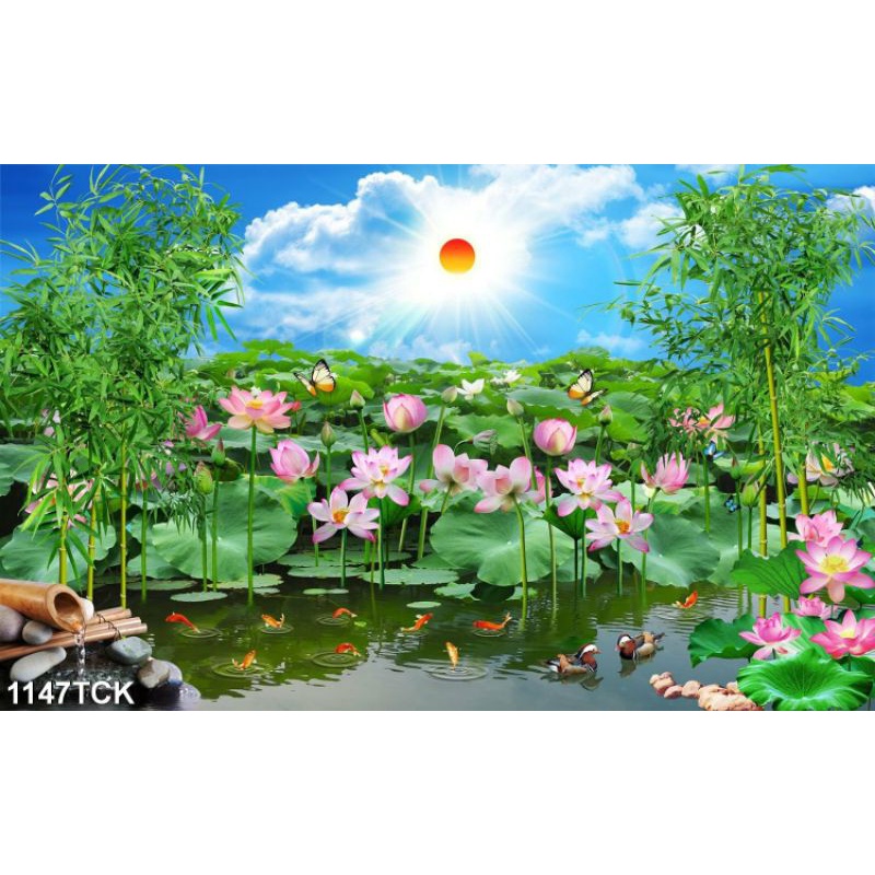 TRANH DÁN TƯỜNG HOA SEN 1147TCK - TRANH PHONG CẢNH HỒ SEN THÁC NƯỚC - TRANH DÁN BÀN THỜ