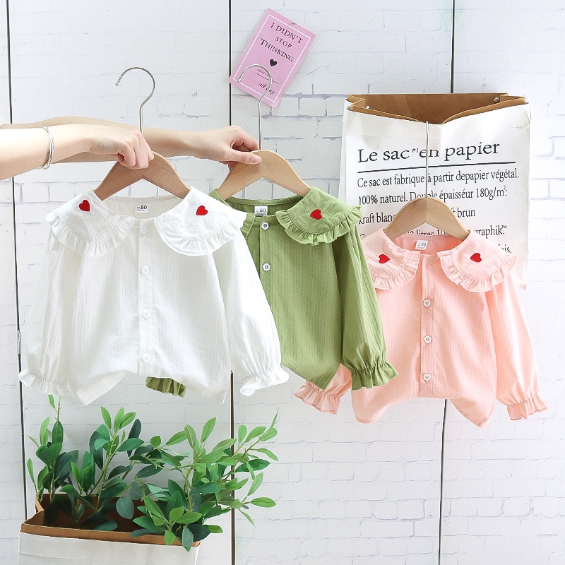 Áo Sơ Mi Tay Dài Cổ Búp Bê In Họa Tiết Trái Tim Thời Trang Mùa Xuân Cho Bé 0-6 Tuổi