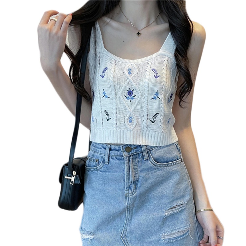 Áo Croptop Dệt Kim Hai Dây Thêu Hoa Thời Trang Đi Biển Cho Nữ