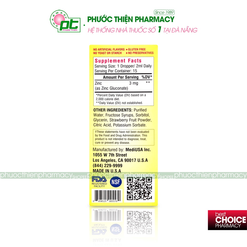 Siro Bổ Sung Kẽm Hữu Cơ Cho Trẻ Dạng Nhỏ Giọt MediUSA Zinc Drops Lọ 30ml kẽm syrup cho bé
