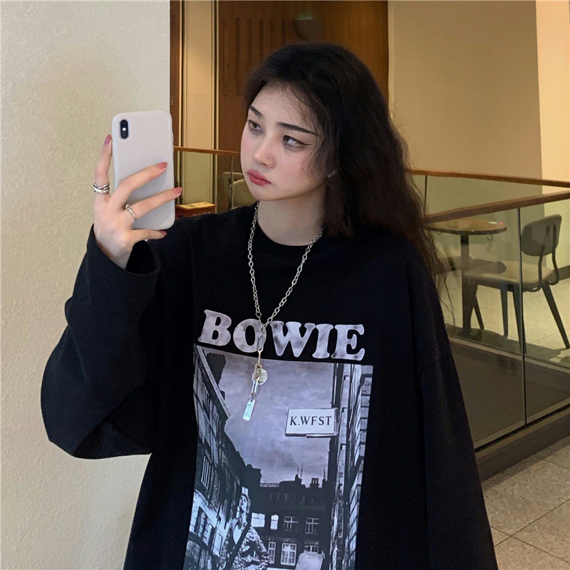 Áo thun tay dài dáng rộng in họa tiết phong cách mùa thu Hàn Quốc sành điệu cho nữ