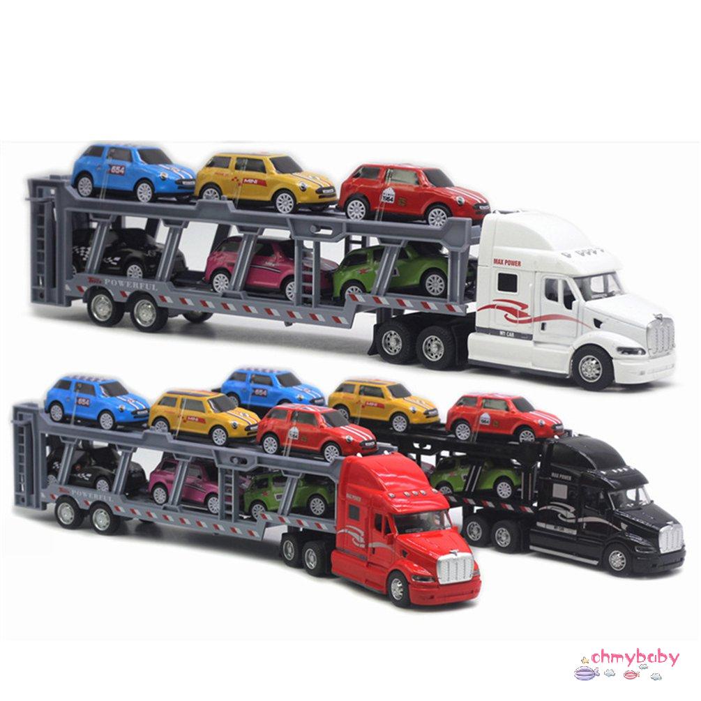 【OMB】 Car Carrier Model Big Rig Truck Hauler Trailer With 6 Race Cars Carrier Toy