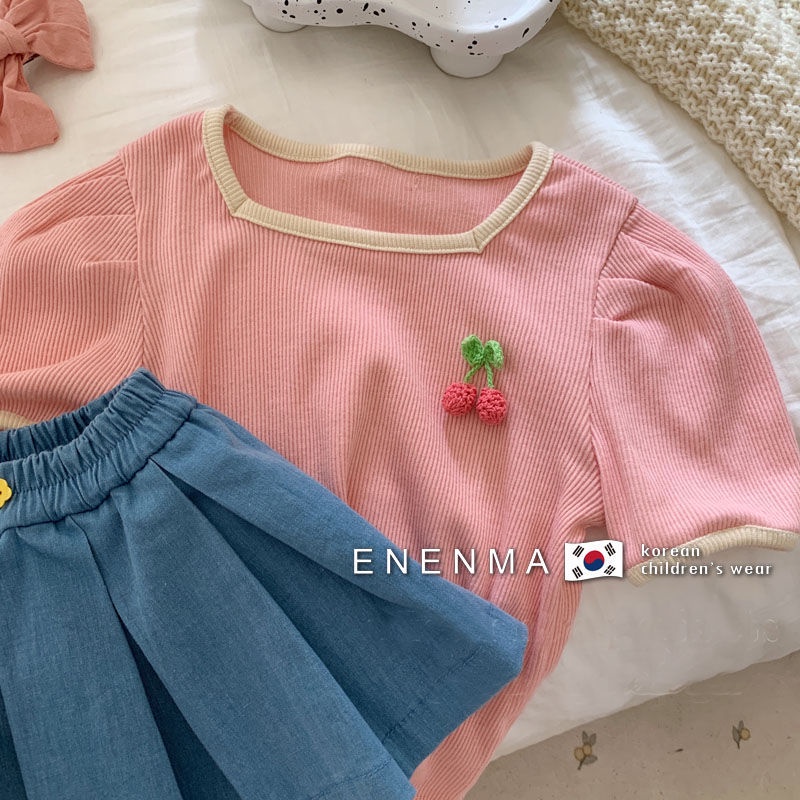 Set Áo Thun Tay Ngắn Và Quần Jeans Dài Thời Trang Hè 2022 Phong Cách Hàn Quốc Cho Bé Gái