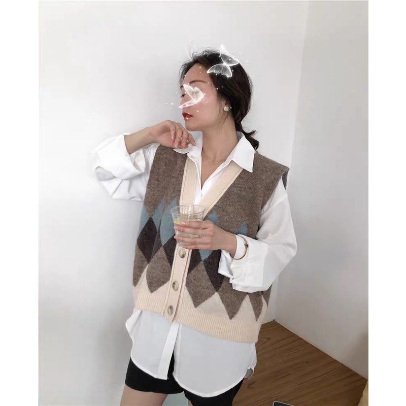 Áo len gile áo len nữ cổ V họa tiết caro phong cách Hàn Quốc chuẩn Hàng Quảng Châu dày dặn loại 1 | BigBuy360 - bigbuy360.vn