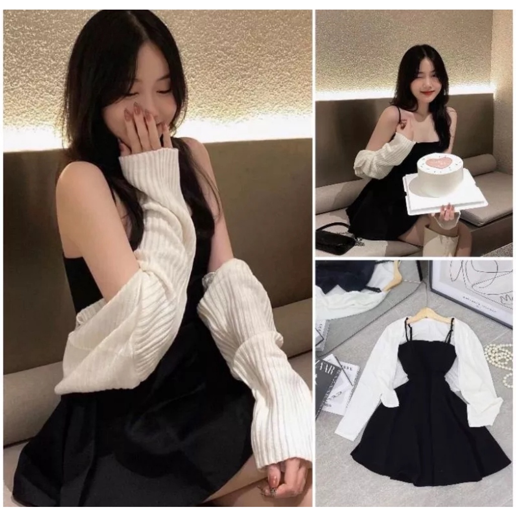 Set váy hai dây+ áo khoác cardigan chất bo tăm đẹp
