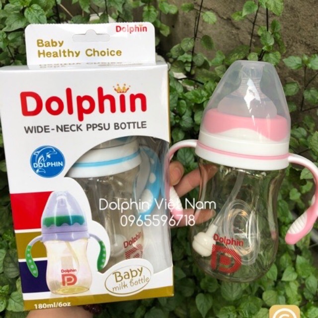 [Mua 1 tặng 1] Bình sữa tay cầm 180ml Dolphin + tặng theo núm