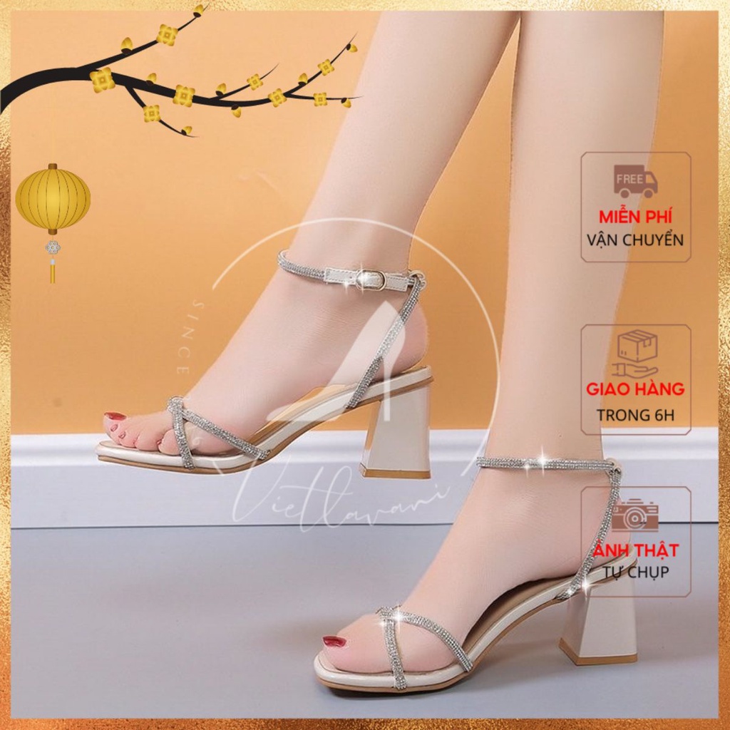 Sandal đính đá LCS36 cao cấp đế vuông 5 phần da mềm mịn siêu đẹp