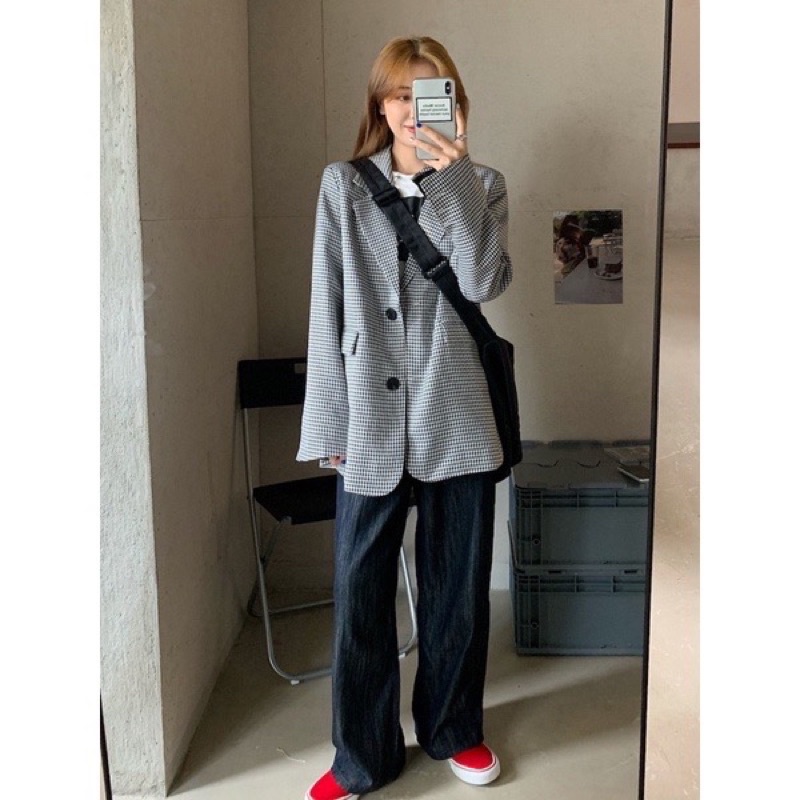 Áo Blazer Dài Tay Nữ Hoạ Tiết Kẻ Ziczac Phong Cách Hàn Quốc, Áo Vest Dài Tay