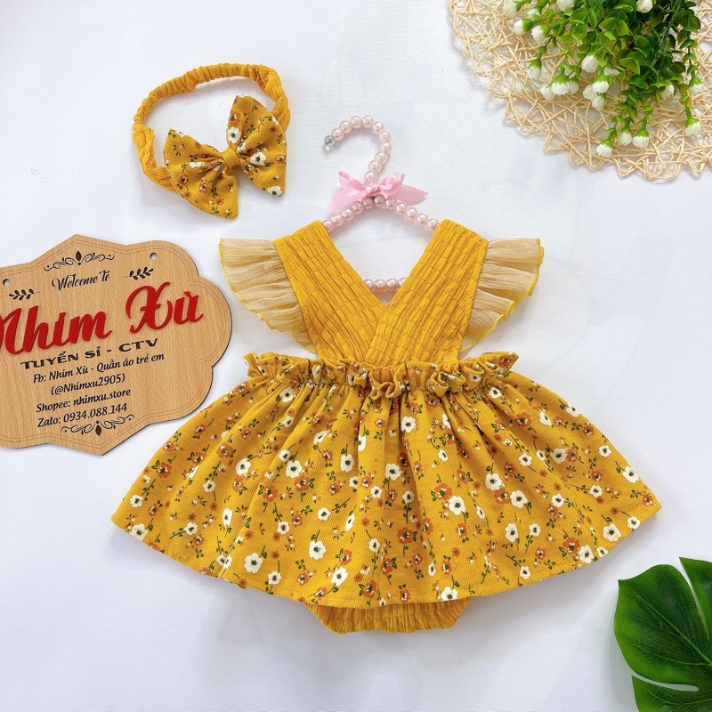 Bodysuit, Body Váy Hoa Vàng Bé Gái Sơ Sinh Đến 12kg, Áo Liền Quần Chất Cà Bông Phối Tơ Ánh Nhũ