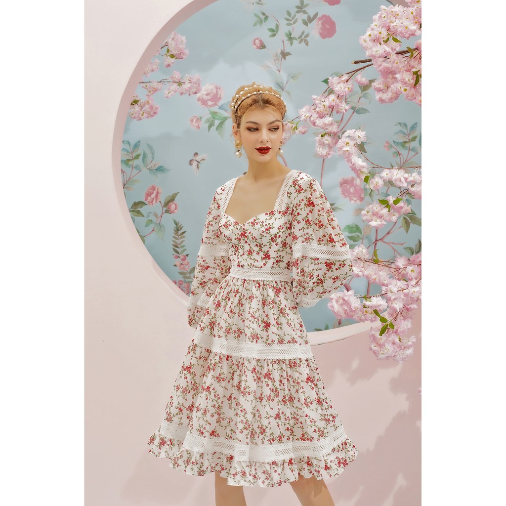 [Mã SKAMSALEP6 giảm 10% tối đa 100K đơn 150K] SÒ VINTAGE - MOZA Đầm hoa tay phồng viền ren | BigBuy360 - bigbuy360.vn