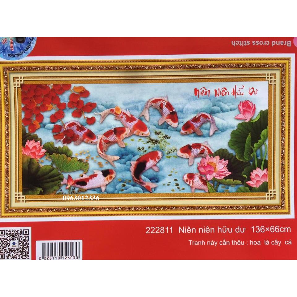 tranh đính đá cá chép hoa sen niên niên hữu dư kt 136x66cm