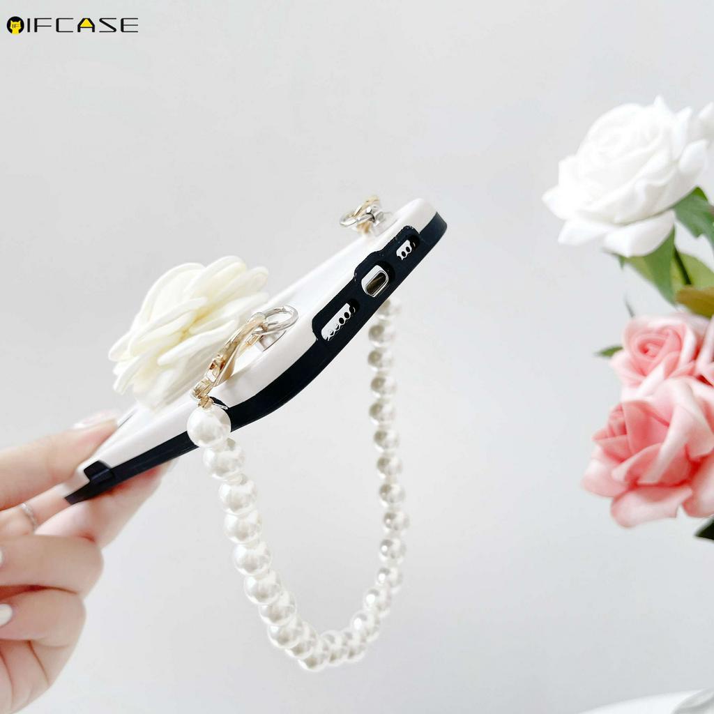 Ốp Điện Thoại Họa Tiết Hoa Trà Gắn Dây Đeo Ngọc Trai / Hồng / Trắng Cho iPhone 12 11 Pro Max XS Max XR X 7 8 Plus