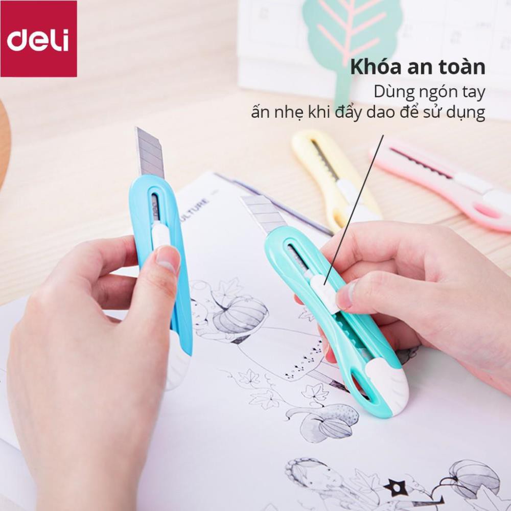 Dao rọc giấy mini 55mm Deli - bỏ túi - 4 màu - Xanh lá/ xanh dương/ hồng/ vàng - 2024 [Deli]