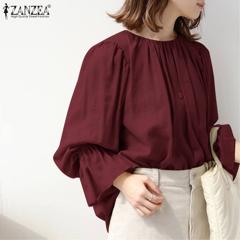 Áo ZANZEA tay dài cổ tay co giản cổ tròn màu trơn đơn giản phong cách Hàn Quốc
