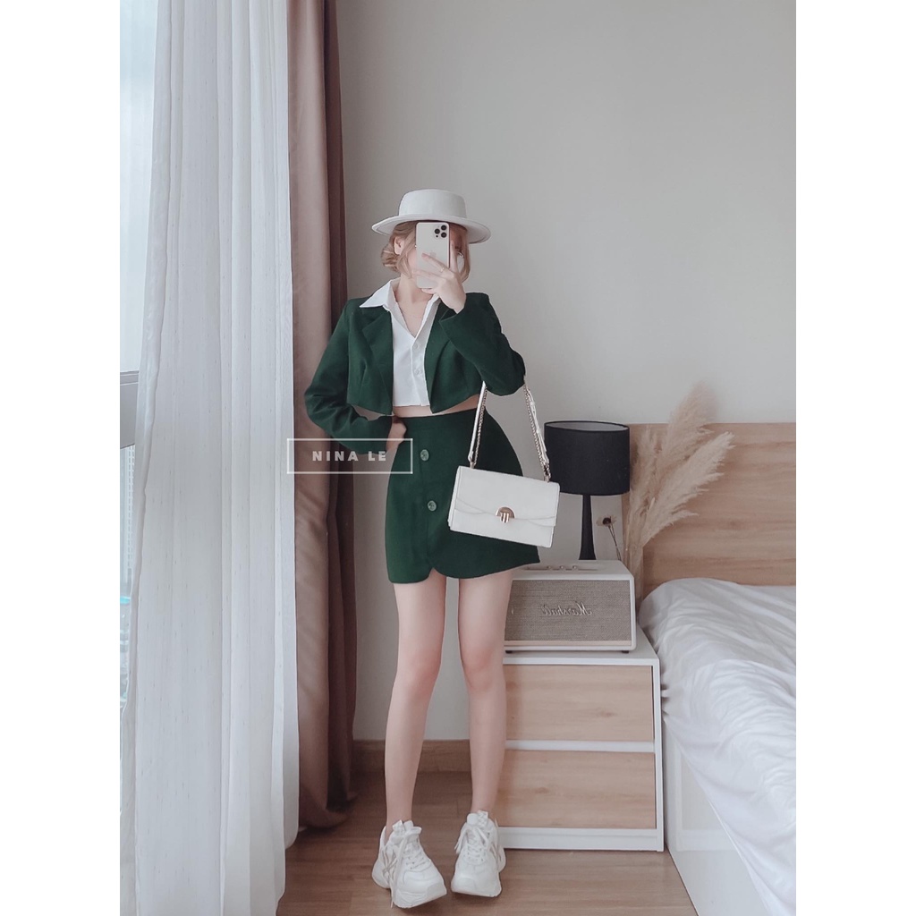 Sét bộ đồ nữ áo sơ mi croptop phối áo Vest dài tay kèm chân váy sang chảnh, quý phái thích hợp đi chơi, đi làm công sở