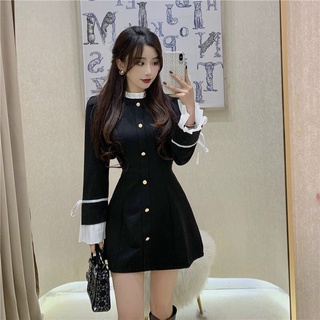 Đầm dự tiệc Đầm cổ trụ đen tay phối nơ trắng dễ thương phù hợp mặc đi chơi, đi dạo TANA D0506