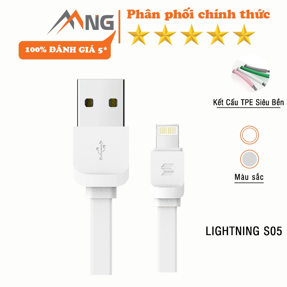 Dây cáp sạc cho iphone Rockspace Lightning Flat Data S05 100cm màu trắng, xám chính hãng bảo hành 1  năm 1 đổi 1