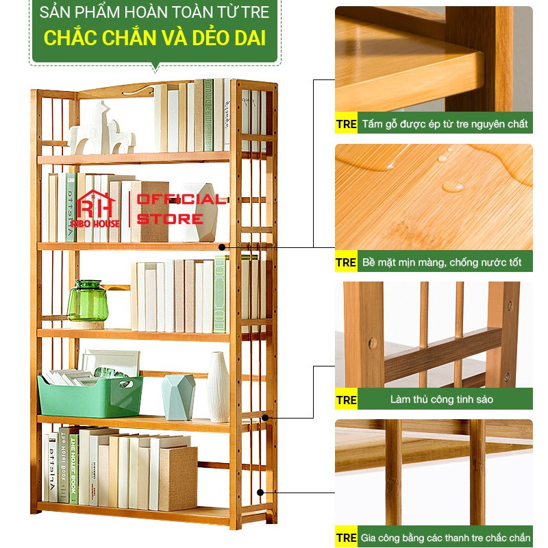 Kệ giá sách đa năng RIBO HOUSE 3 4 5 6 tầng gỗ tre tự nhiên tủ sách cho bé học sinh và người lớn RIBO69