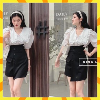 Set áo sơ mi trắng thô cổ bèo mix quần giả váy khuy cạp lệch - S62 MVP