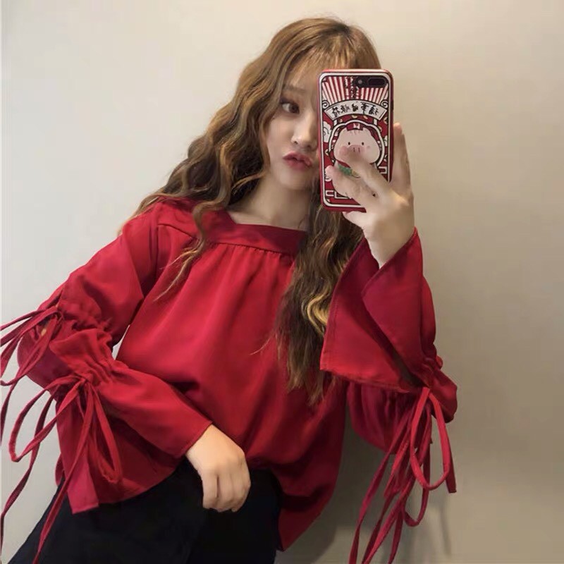 Áo voan tay dài cổ vuông khoét tay phối nơ tiểu thư  TTSA0490