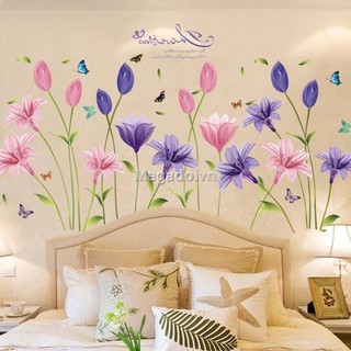 Decal dán tường combo 2 tấm hoa ly tím hồng