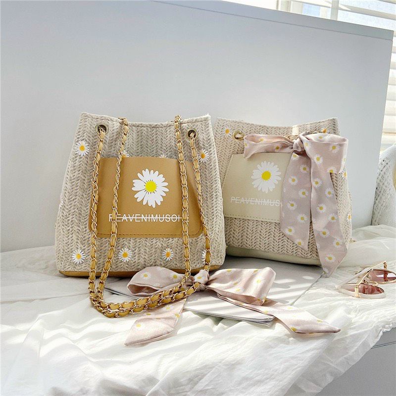 Túi cói vintage ,túi cói đi biển đeo vai thêu hoạ tiết hoa cúc quai thắt nơ trắng xinh túi dày 2 lớp phong cách Hàn Quốc