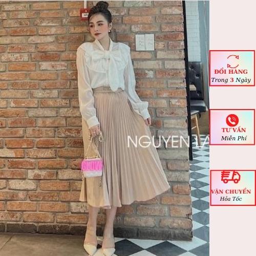 Áo sơ mi voan tơ nữ tay bồng cổ nơ ngọc tiểu thư bánh bèo ulzzang Hàn Quốc