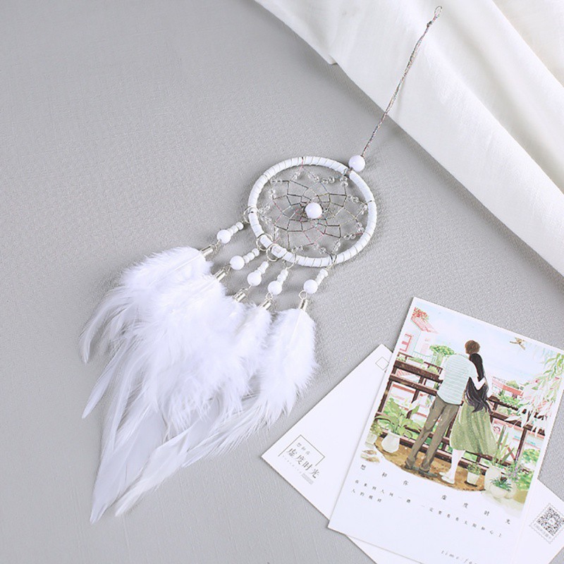 Lưới giấc mơ Dreamcatcher đính lông vũ màu hồng và trắng
