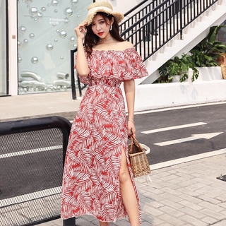 Váy maxi trễ vai hoạ tiết lá