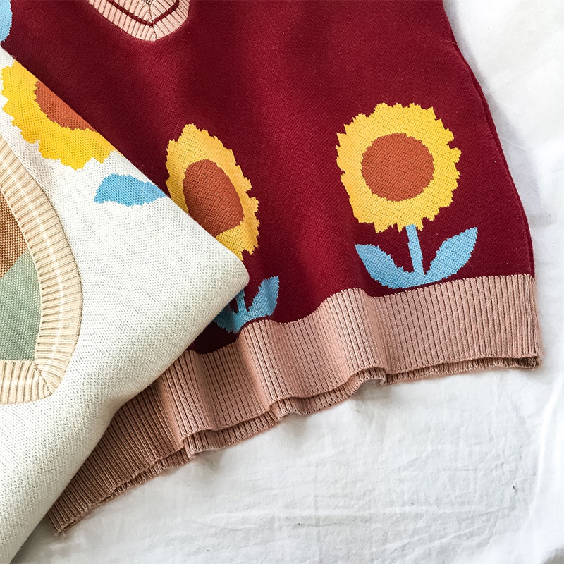 Áo len cổ chữ V họa tiết hoa cúc phong cách retro Hàn Quốc