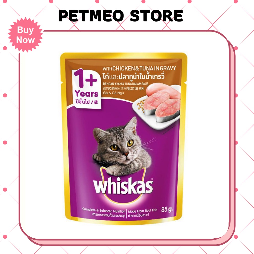 Pate cho mèo thức ăn dạng thạch cho mèo từ 1 tuổi Whiskas gói 85g - PETMEO