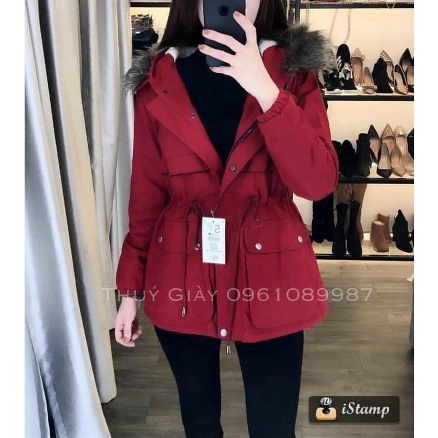 Áo kaki lót lông cừu dày ấm dây rút eo, áo parka nữ đẹp