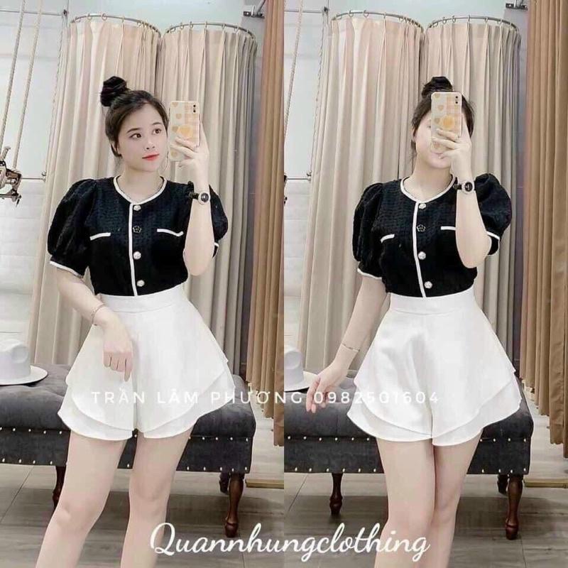 Áo sơ mi nữ vải xốp tiểu thư viền đen Song Anh hai màu Đen, Trắng
