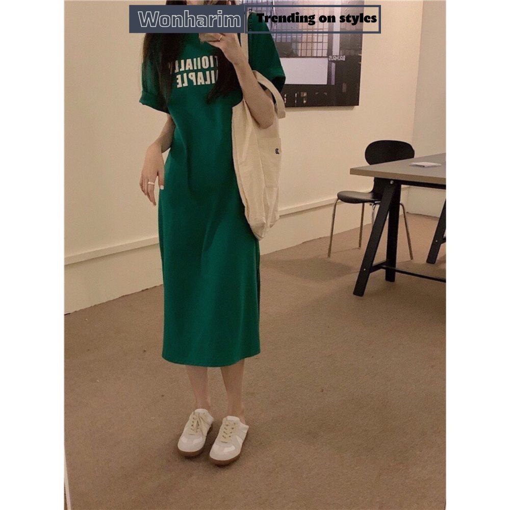 Đầm thun xanh Emo form rộng tay lỡ nữ  🌸[wonharim]🌸Váy phông xẻ tà trẻ trung năng động HÀn Quốc 2132