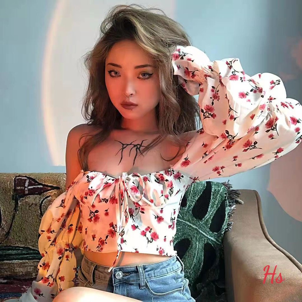 [Hàng Cao Cấp Loại 1] Áo Croptop Hoa Trễ Vai Dài Tay Chất Liệu Đũi Lụa Daisy Boutique