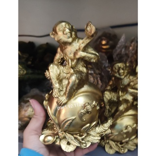 Khỉ đồng ngồi đào cầm gậy như ý 15cm bằng đồng phong thủy tài lộc