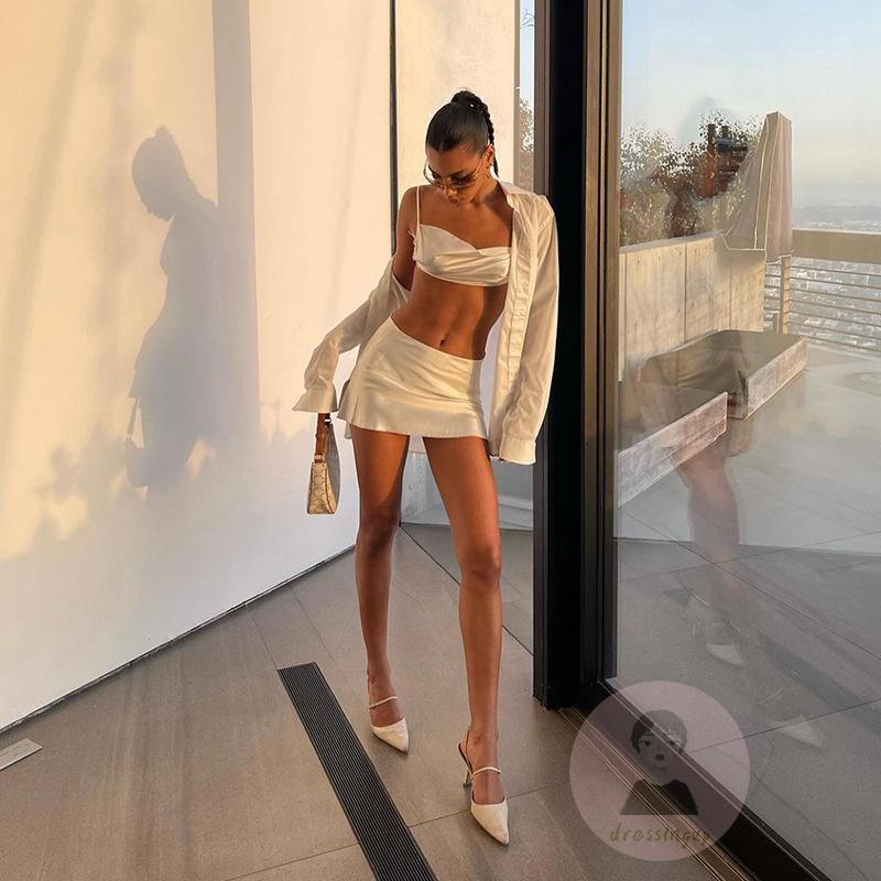 Bộ Áo Hai Dây Hở Lưng + Chân Váy Ngắn Ôm Dáng Màu Sắc Trơn Cho Nữ