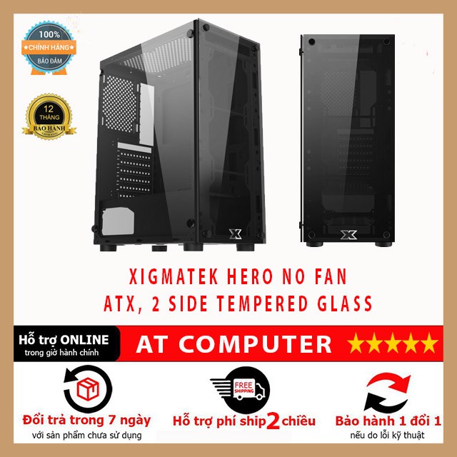 Vỏ case máy tính Xigmatek Hero - Kèm 4 fan - Gaming ATX - 2 mặt kính cường lực - ATcomputer