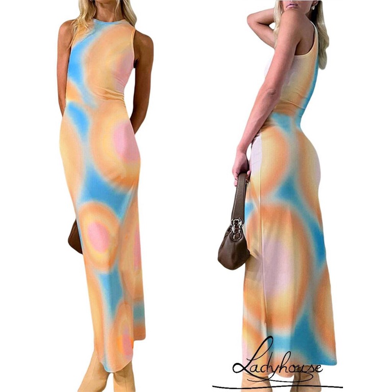 Đầm Dài Cổ Tròn Không Tay Nhuộm Màu Thời Trang Mùa Hè Cho Nữ