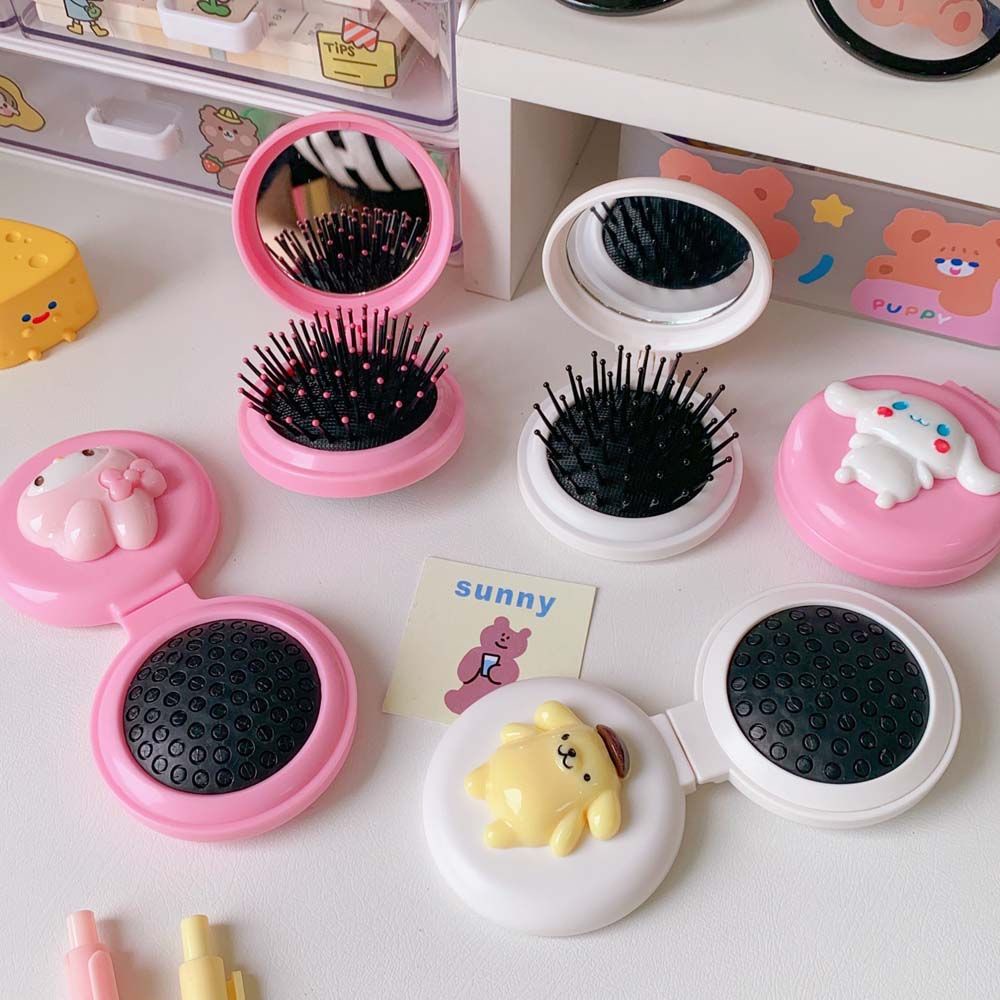 [Hàng mới về] Lược chải tóc gắn gương trang điểm mini hình tròn in hoạt hình đáng yêu