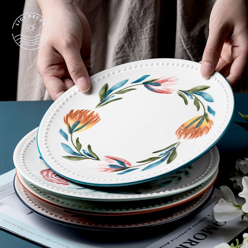 Đĩa sứ trang trí - đĩa tròn phẳng đĩa sâu lòng hoạ tiết hoa lá bốn mùa vẽ tay đựng thức ăn cũng bắt mắt