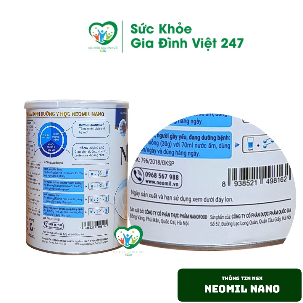 Sữa Neomil Nano 400g- Sữa Bột Dinh Dưỡng Cho Người Sau Phẫu Thuật Sau Sinh Cần Phục Hồi Sức Khỏe Mau Lành Sẹo Chính Hãng