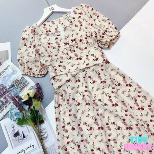Đầm hoa nhí vintage cổ cúc body tay phồng ulzzang thắt eo tiểu thư