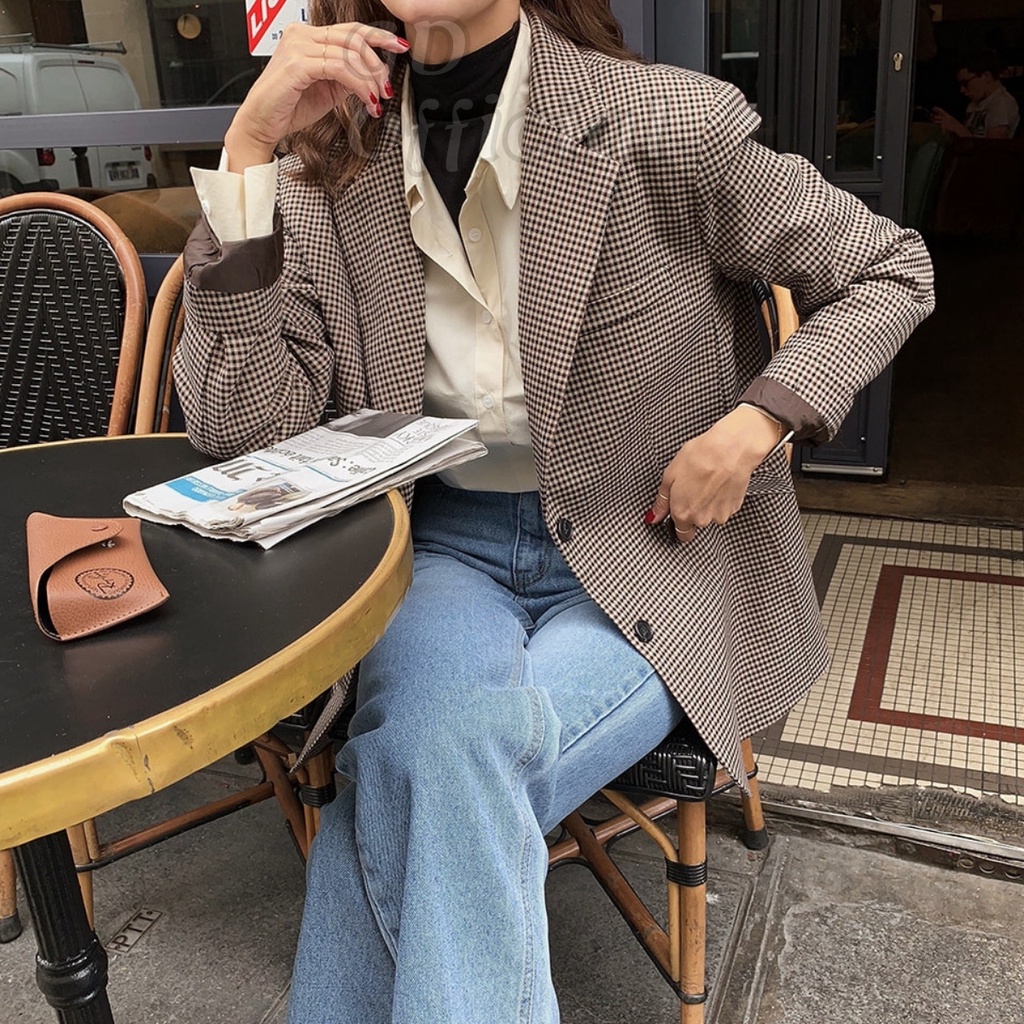 K41|Áo blazer nữ dáng vest tây khoác gió retro dài tay sọc caro nâu kaki rộng thụng suông trơn GD Official